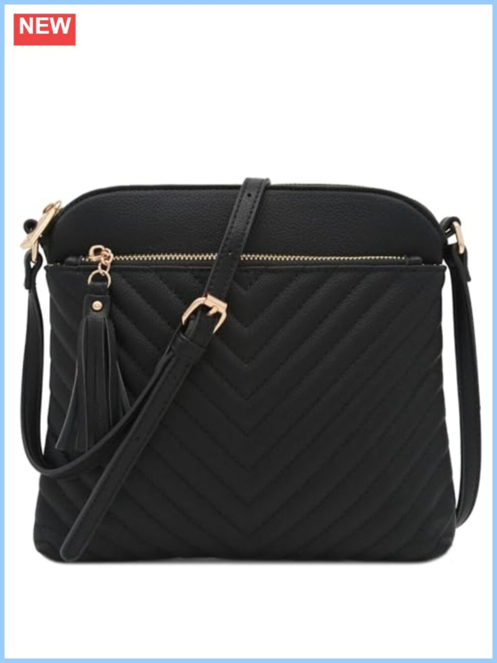 Chevron Quilted Faux Leather Medium Crossbody Bag with Tassel Accent